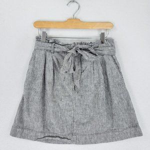 Ann Taylor LOFT Skirt Womens 2 Gray White Striped Paperbag Belted Waist Linen
